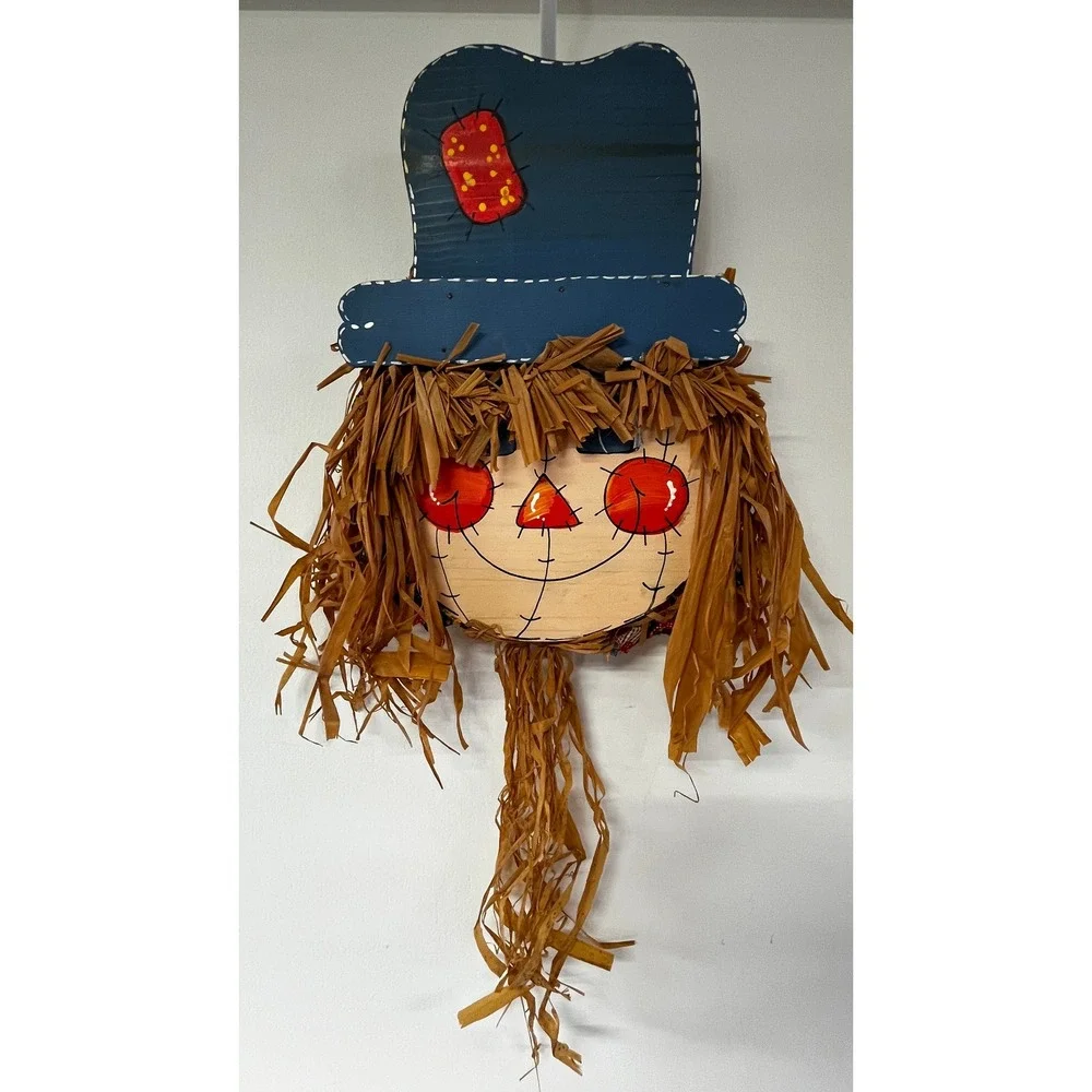 Handmade Wooden Scarecrow Wall Hanging Fall Harvest Decor Raffia 10.5x15.5
